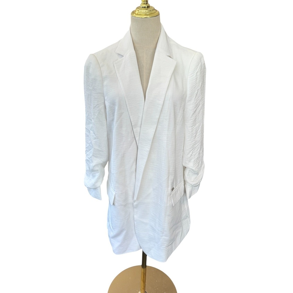 Guess Los Angeles Womens White Textured Ruched Sleeve Open Front Blazer Size L